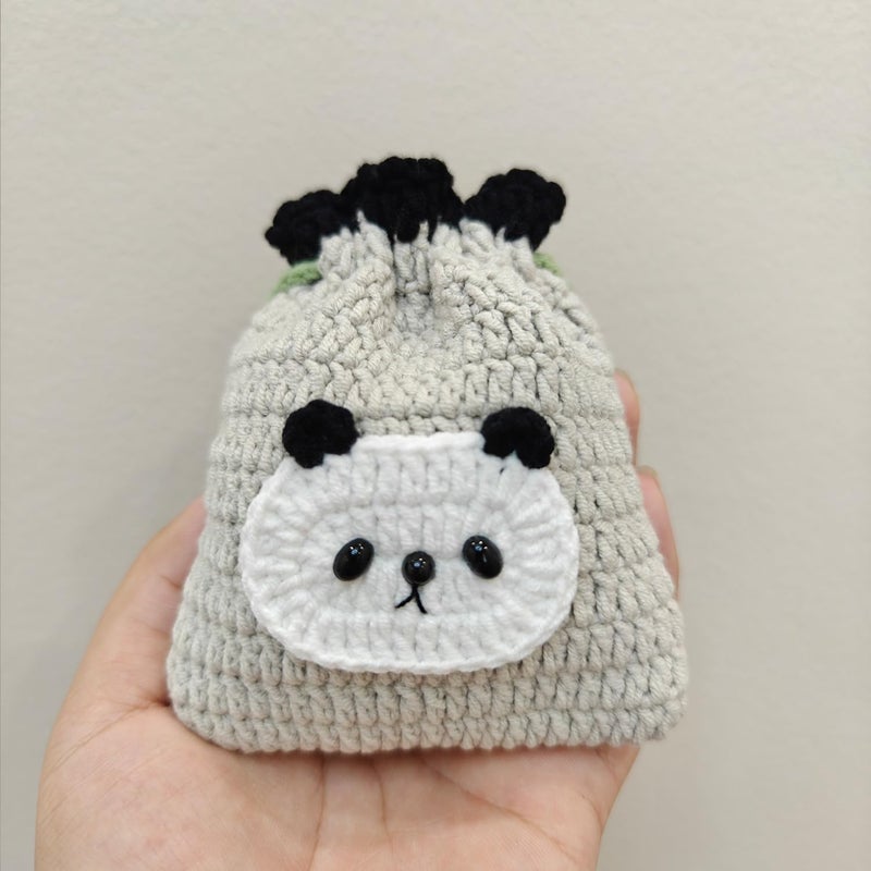 BRTOO Small Crochet Purse 101% Handmade Knitted Storage Bag Cute Funny Kawaii Coin Change Purse Pouch Mini Cartoon Shark Funny Plush Drawstring Headphone Wallet for Women Girls Gift(Small panda) - Image 2